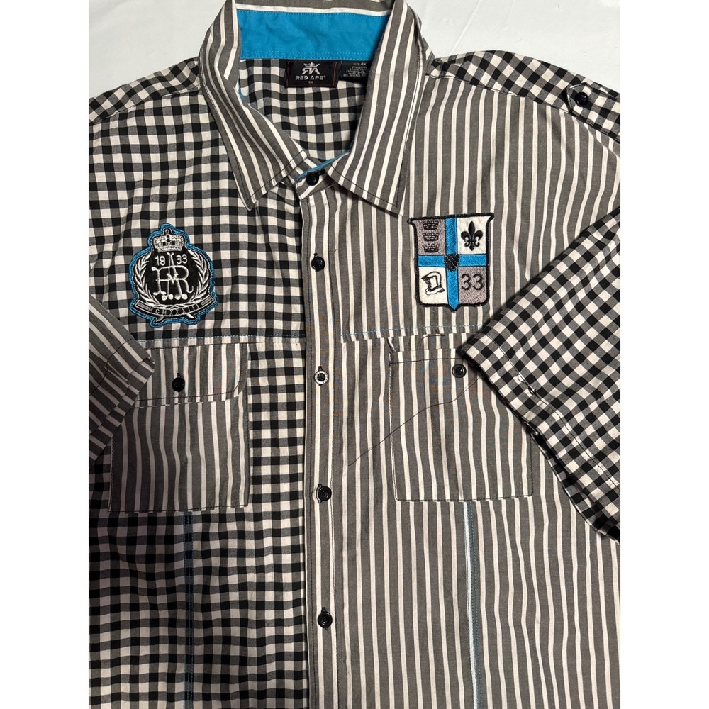 Red Ape 4X Mens Checkered Striped Button Up Short‎ Sleeve Shirt Patches